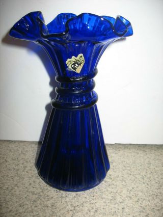 Vintage Handmade FENTON Cobalt Blue Wheat Vase Ruffled Top No Flaws 3