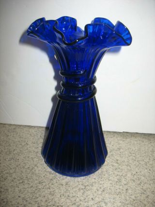 Vintage Handmade FENTON Cobalt Blue Wheat Vase Ruffled Top No Flaws 4