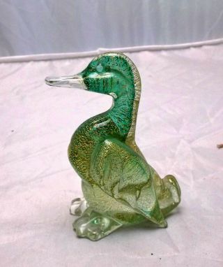 Murano Vintage Art Glass Duck Gold Flecks Green Aventurine,  Figurine Paperweight