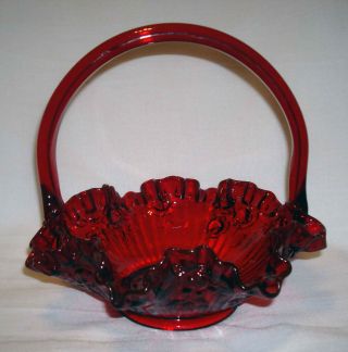 Vintage Fenton Glass Ruby Red Cabbage Rose 8” Handled Ruffled Brides Basket