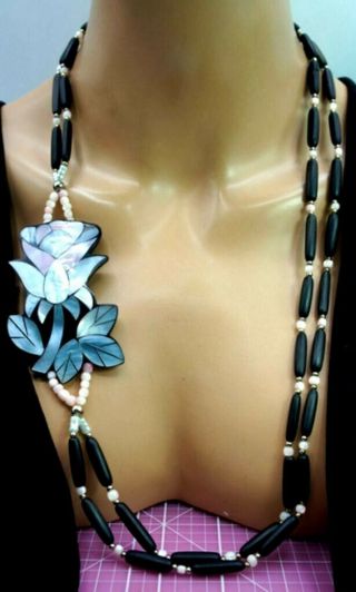 Vintage Lee Sands Shell Flower Inlay Multi - Strand Bead Necklace Unsigned 30