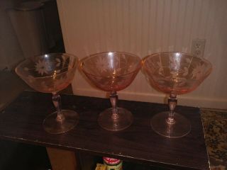(3) Vintage Pink Depression Glass /jubilee Pattern Wine Stemware