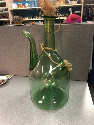 Italian Glass Green Wine Jug With Ice Chamber With Straw Stopper Vintage