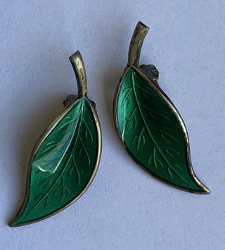 Vintage David Andersen Sterling Silver & Emerald Green Enamel Clip On Earrings