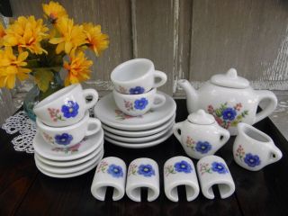 Vintage Miniature Porcelain Doll Tea Set & Napkin Rings Blue & Pink