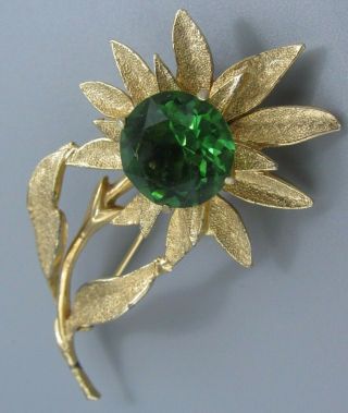 High End Vintage Jewelry Signed Hobe Emerald Green Brooch Pin Rhinestone O