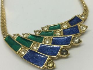 Vtg Crown Trifari Green Blue Enamel & Diamanté Gold Tone Choker Necklace