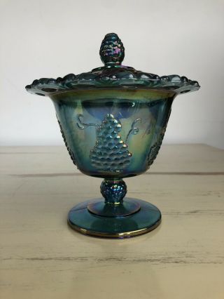 Vintage Carnival Glass Harvest Grape Lidded Compote Indiana Lace Edge Blue