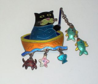 Vintage.  925 Sterling Silver Colorful Enamel Fishing Cat In Row Boat Pin