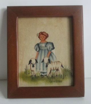 Vintage Jean Henry Theorem Folk Art Painting Girl With Sheep Lambs