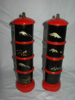 Vintage Oriental Wooden Wood Salt & Pepper Mill Black & Red Lacquer Hand Painted
