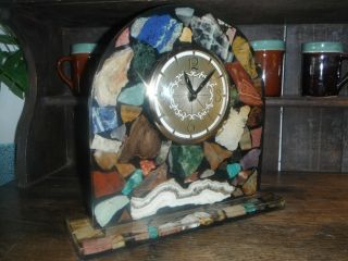 Vintage Mid Century Modern Lanshire Mantel Clock Lucite And Gem Stone Slabs