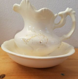 Vintage Pitcher And Basin.  Ceramic.  Intricate Gold Leaf Butterflies.