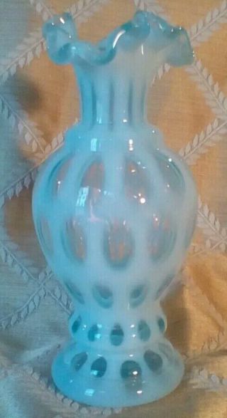 Vintage Fenton Blue Opalescent Coin Dot Ruffle Top Vase