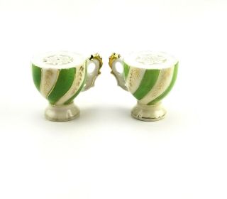 Vintage Mini Green Gold Teacup Salt Pepper Shaker Set - Made In Occupied Japan Bt