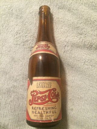 Vintage Pepsi:cola Amber Soda Bottle Philadelphia,  Pa Pennsylvania Paper Labels