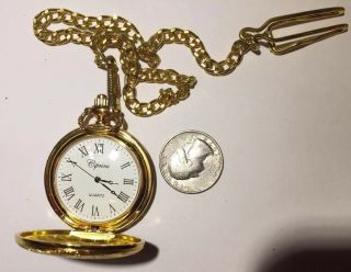Ciprini Pocket Watch Gold Tone Quartz With Chain Roman Number White Face Vintage 3