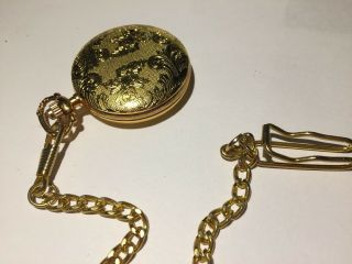 Ciprini Pocket Watch Gold Tone Quartz With Chain Roman Number White Face Vintage 5