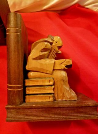 Vintage Hand Carved Wooden Monk Reading Book Ends 4