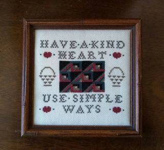 Vintage Hand Made Completed Framed Cross Stitch Pattern Sampler Kind Heart