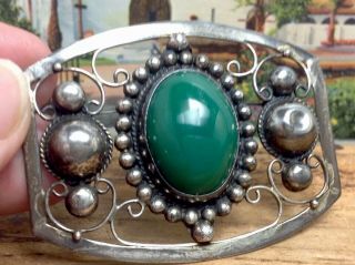 Vintage Signed Ace Guadalajara Mexico Sterling Silver Green Onyx Brooch/pin (e9)