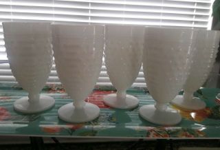 Anchor Hocking Milk Glass Bar & Hobnail Goblets - Set Of 5 - Vtg Opaque Footed