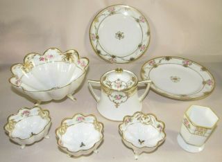 9 Pc Vintage Hand Painted Nippon Porcelain Nut Tray,  Footed Bowl,  Sugar,  Toothpick