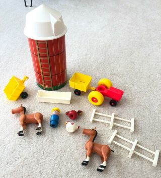 Vintage 1968 Fisher Price Little People Play Farm Silo Animals Horse Tractor