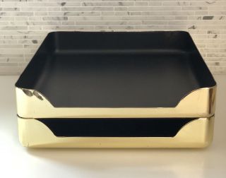 Vintage Mid Century Desk Tray Brass Gold Black Office Organizer In/Out Box (1) 2