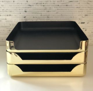 Vintage Mid Century Desk Tray Brass Gold Black Office Organizer In/Out Box (1) 8