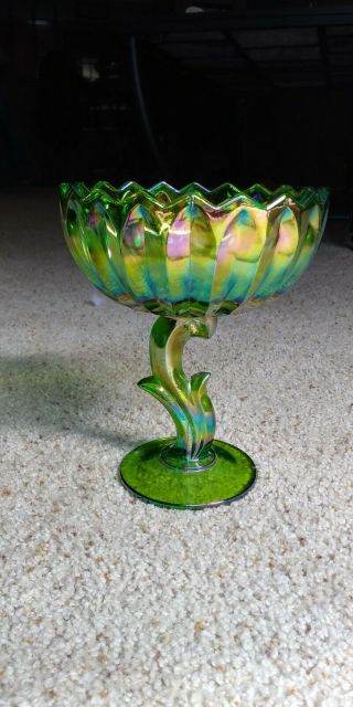 Vintage Carnival Glass Pedestal Footed Candy Dish/ Nut Dish Green Iridescent