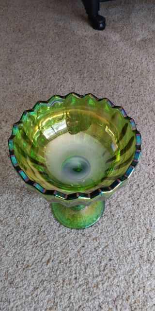 Vintage CARNIVAL GLASS Pedestal Footed Candy Dish/ Nut Dish Green Iridescent 2