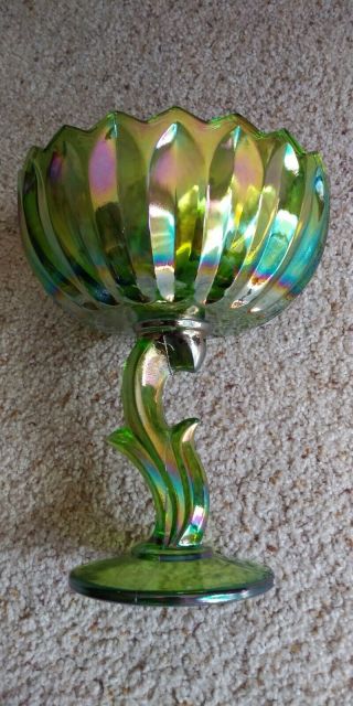 Vintage CARNIVAL GLASS Pedestal Footed Candy Dish/ Nut Dish Green Iridescent 3