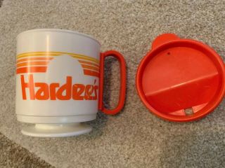Hardees Vintage Plastic Travel Coffee Mug Cup W Lid Whirley White W Orange Logo