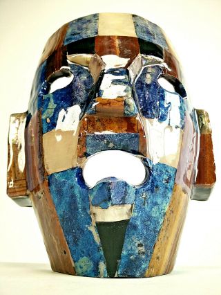 Vintage Art Mayan Mask Hand Crafted Turquoise Onyx Abalone Gem Stone Sculpture