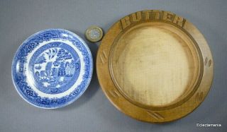 Vintage Carved Wood BUTTER Dish with Midwinter Blue & White WILLOW PATTERN Dish 2