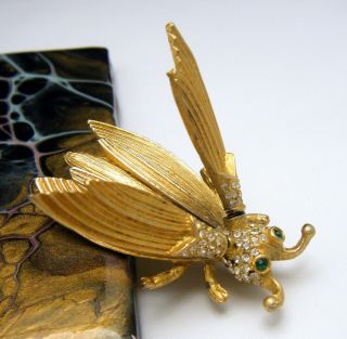 Vintage Rhinestone Trembler Wings Bee Brooch Pave Set Rhinestones Gold Tone
