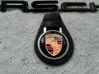 Vintage Porsche Emblem Keychain Key Chain Ring Leather