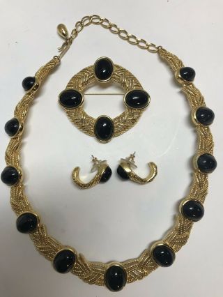 Vintage Trifari Set Necklace,  Brooch,  Pierced Earrings Gold Toned / Black Accent