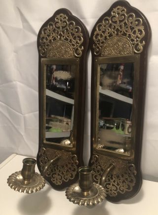 Set Of 2 Vintage Knob Creek Wood & Brass Candle Holder Sconce & Mirror