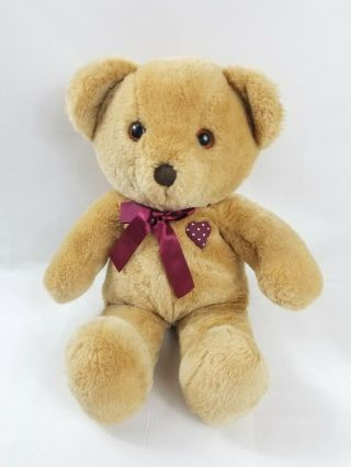Vintage 1985 Dakin Cuddles Teddy Bear Plush Red Heart Patch & Ribbon Large 17 "