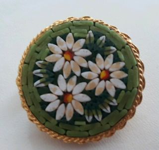 Vintage Italian Micro Mosaic Daisy Flowers Gold Tone Pin Brooch