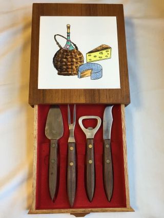 Vintage Cheese Tray Center & cutting knives in STG Drawer with Ceramc Tile Inlay 2