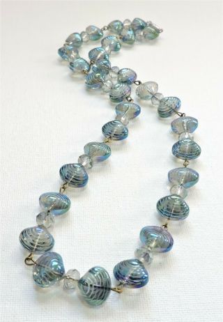 Vintage Blue Iridescent Shells Lampwork Art Glass Bead Necklace Au1914