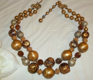 Vintage Double Strand Brown Gold Choker Necklace Adjustable Deauville Glass