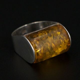 Vtg Sterling Silver - Modernist Baltic Amber Statement Ring Size 5.  75 - 5.  5g