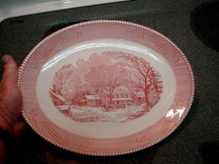 Vintage Royal China Currier & Ives Pink 13” Oval Platter " The Old Inn "