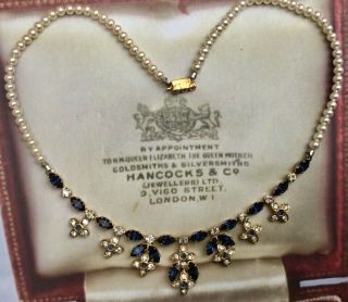 Vintage Necklace Blue Clear Crystal Flower Drop Pearl Chain Bridal Cocktail