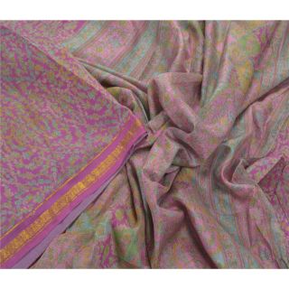 Sanskriti Vintage Purple Saree 100 Pure Silk Printed Zari Border Fabric Sari