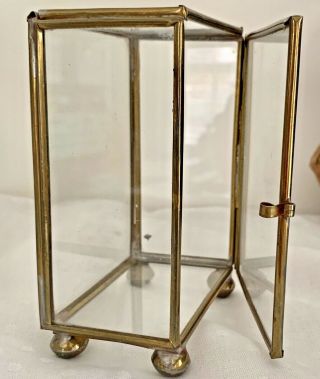 Small Vintage Glass Brass Display Case Trinket Box Upright Ball Feet Door Opens